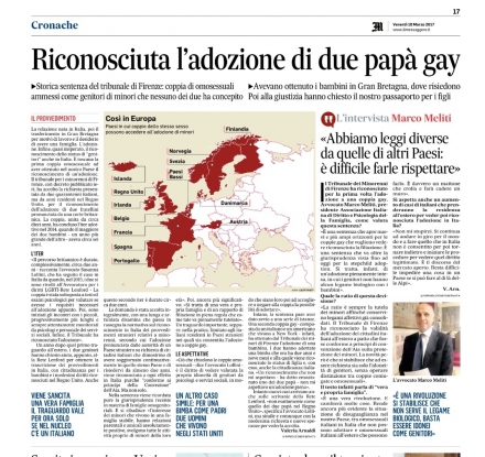 Il Messaggero: adozione a due papà gay -Avv. Marco Meliti - Associazione Italiana