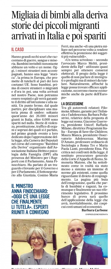 Il Messaggero: i minori stranieri non accompagnati - DPF Avv. Marco Meliti - Associazione Italiana 