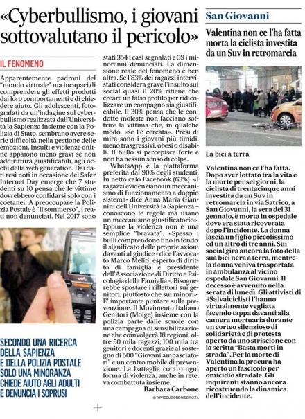 Il Messaggero -Cyberbullismo, i giovani sottovalutano il pericolo- Avv. Meliti - Associazione Italiana