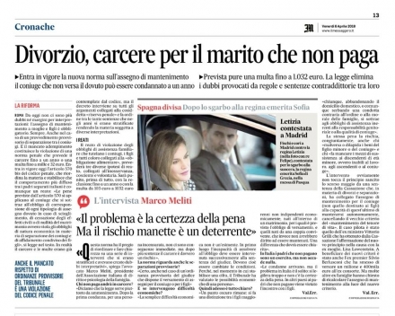 Il Messaggero - il nuovo art. 570 bis c.p. - Avv. Marco Meliti - Associazione Italiana 